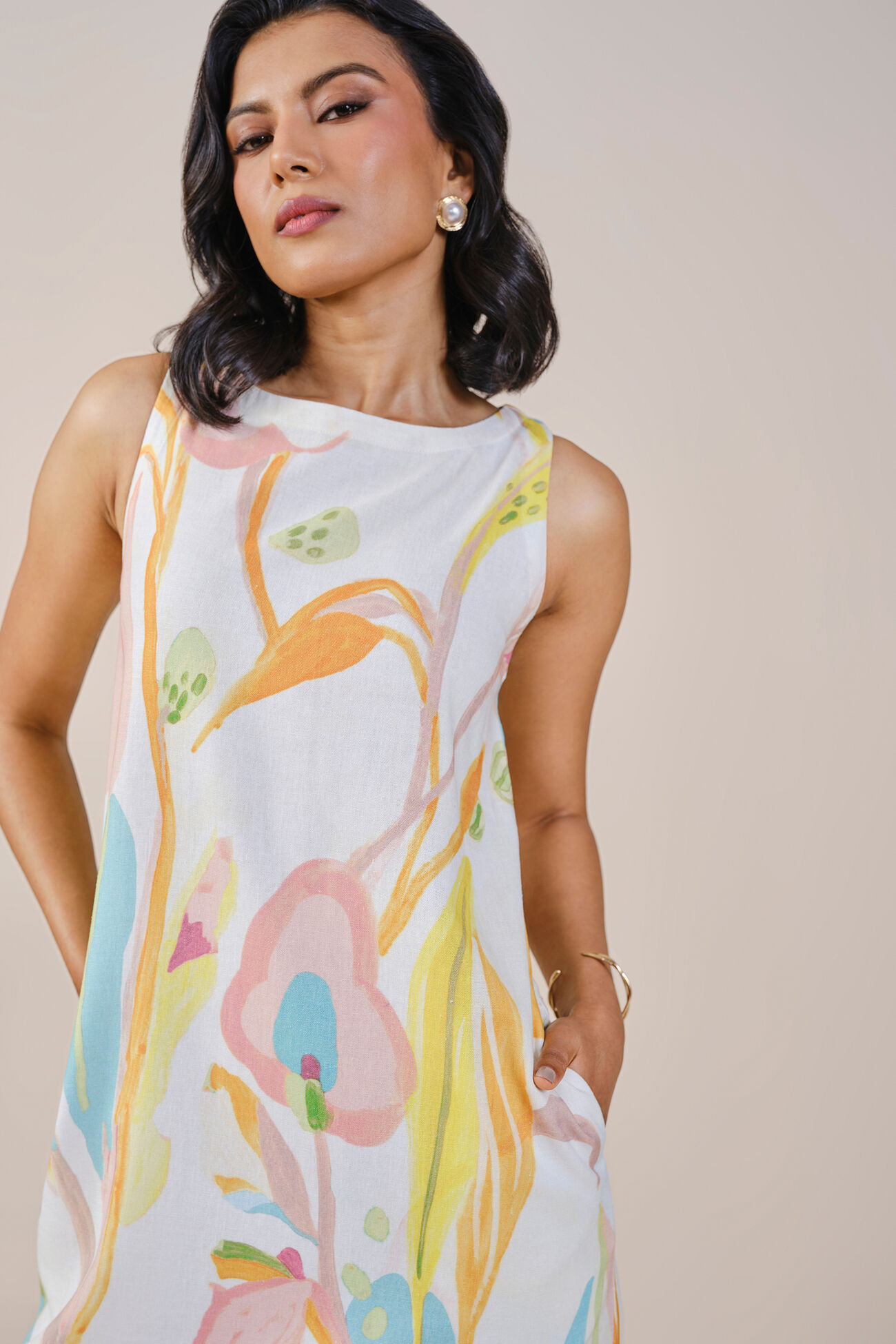 A Floral Summer Viscose Linen Blend Dress, Multi Color, image 5