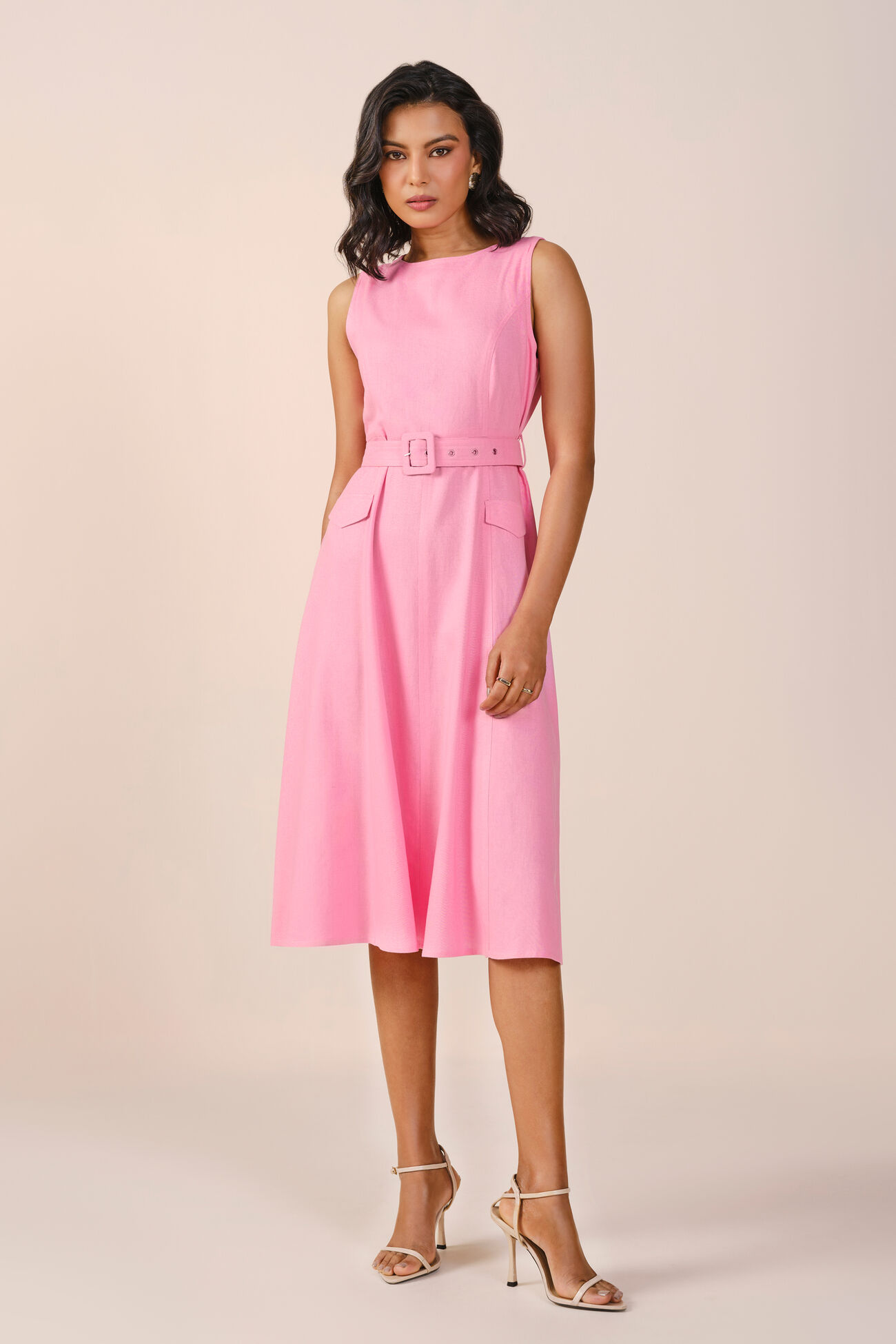Peony Viscose Linen Blend Dress, Pink, image 3