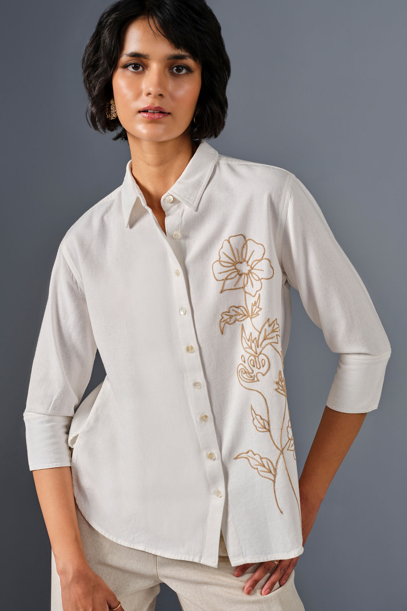 Floral Touch Viscose Linen Blend Shirt, White, image 3